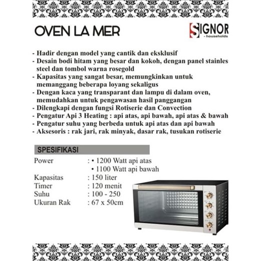 Jual Oven La Mer SIGNORA Murah Harga  Spesifikasi